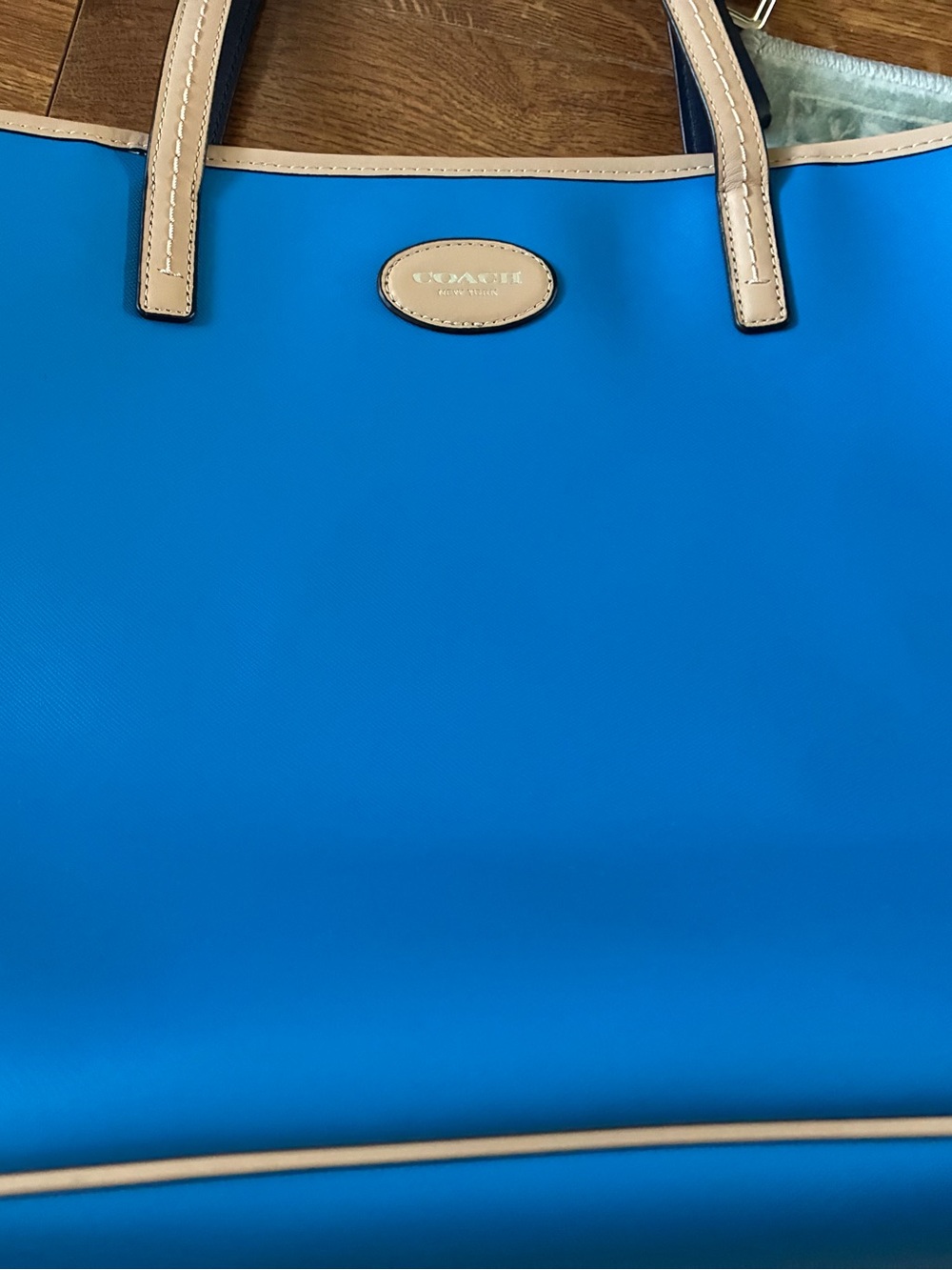 Coach Bright Blue Metro Tote with Tan Leather Trim bag